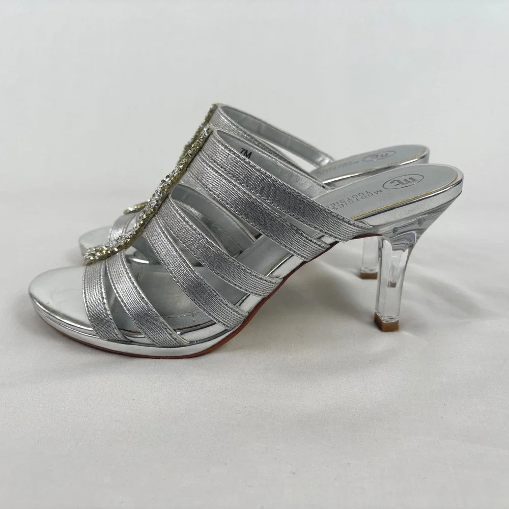 Mootsies Tootsies Harp Sandals 7M Silver Rhinestone Clear 3.5